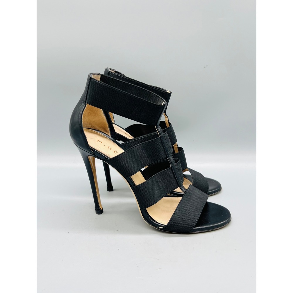 M. Gemi Shoes Women 7.5 Black Leather Strappy Ankle Elastic Strap Stiletto Heels
